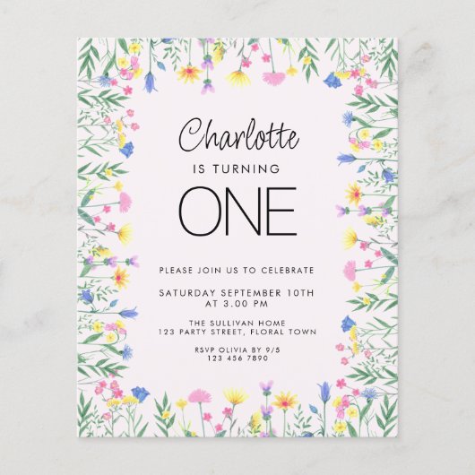 Wildblume Girls erste Geburtstagseinladung (Vorderseite)