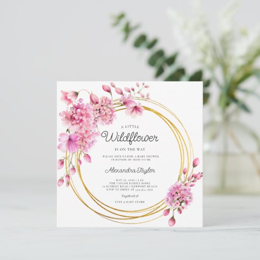 Wildblume Gold Circles Geometric Baby Girl Dusche Einladung (Stehend Vorderseite)