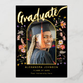 Wildblume Grad Foto Graduation Party Script Gold Folieneinladung (Vorderseite)