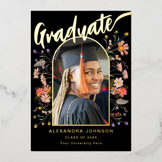 Wildblume Grad Foto Graduation Party Script Gold Folieneinladung (Vorderseite)