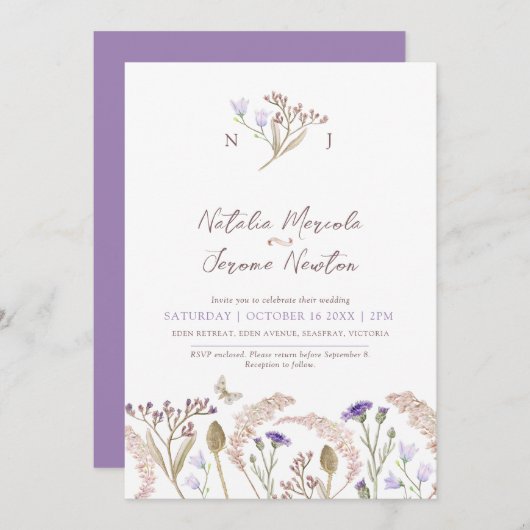 Wildblume Gras Aquarell Hochzeit im Herbst Einladung (Vorne/Hinten)