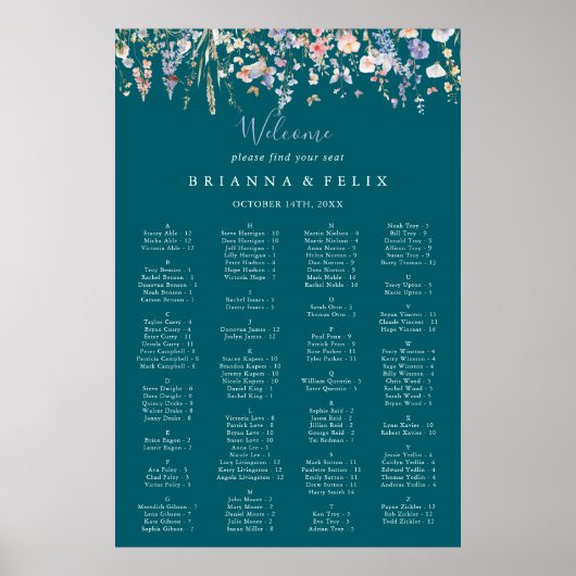 Wildblume Green Alphabetic Seating Chart Poster (Vorne)