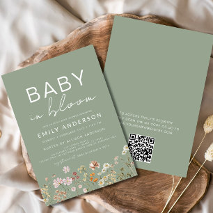 Wildblume Green QR Code Baby in Blütendusche Einladung