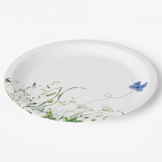 Wildblume-Grenze mit blauem Schmetterling Pappteller (Schrägansicht)