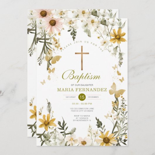 Wildblume Grüne Blumenblütentaufe Einladung (Vorne/Hinten)