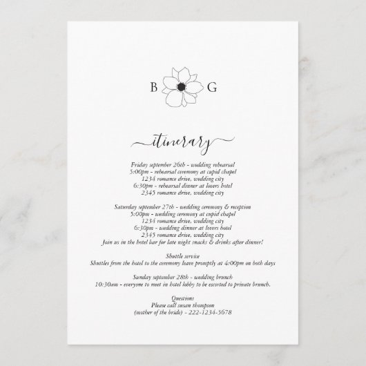 Wildblume handGezeichnet Mongramm-Hochzeitsreise Programm (Rückseite)