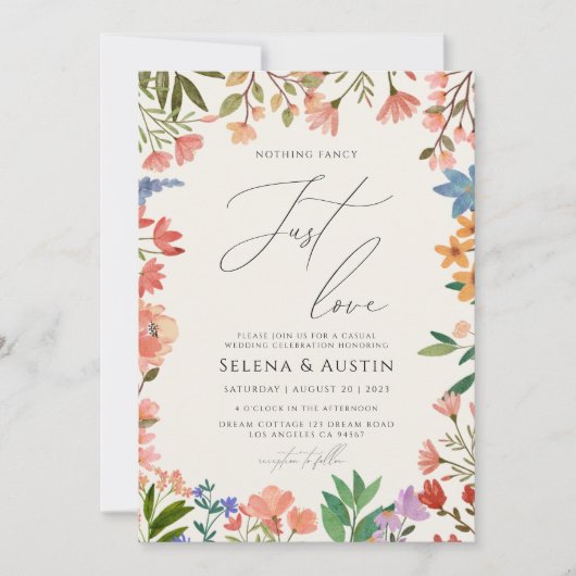 Wildblume Handscript Nichts Extravagant nur Liebe Einladung (Vorderseite)