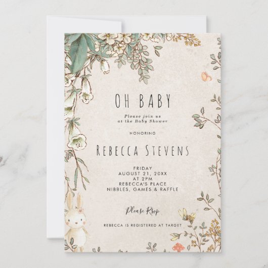 Wildblume-Hasen-neutrale Babydusche Einladung (Vorderseite)