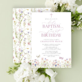 Wildblume Heilige Taufe & 1. Geburtstag Pink Scrip Einladung