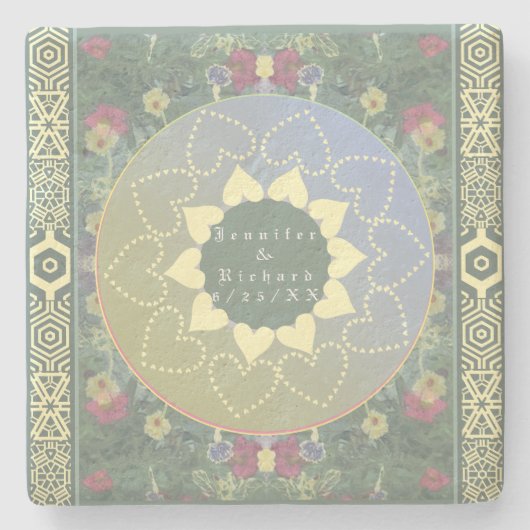 Wildblume Herz Mandala Couple & Wedding Date Steinuntersetzer (Vorderseite)
