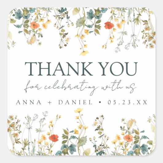 Wildblume Hochzeit Danke Square Sticker (Vorderseite)