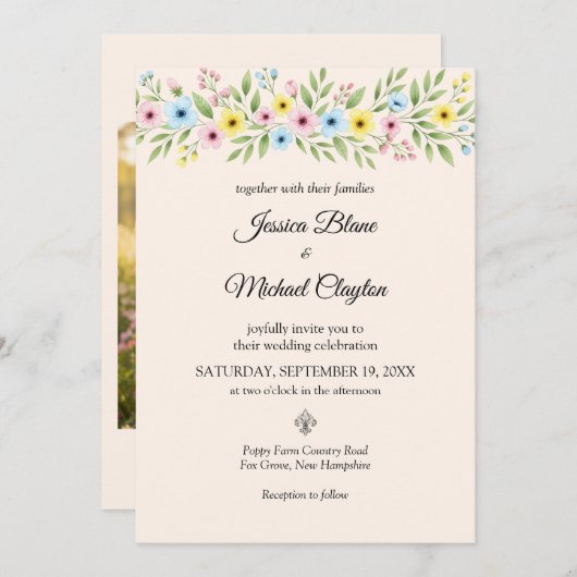 Wildblume Hochzeit Einfaches Foto Einladung (Vorne/Hinten)