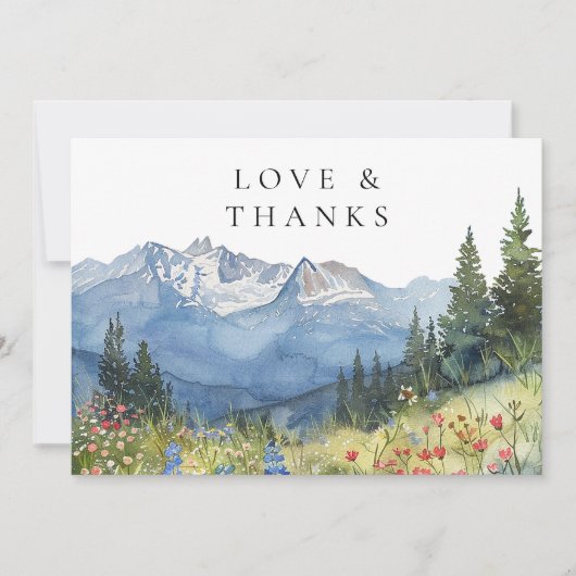 Wildblume Hochzeit im Wasserfarbengebirge Foto Dankeskarte (Vorderseite)