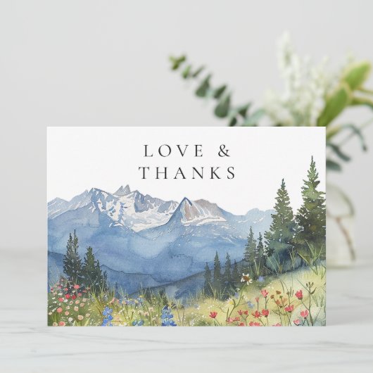 Wildblume Hochzeit im Wasserfarbengebirge Foto Dankeskarte (Stehend Vorderseite)