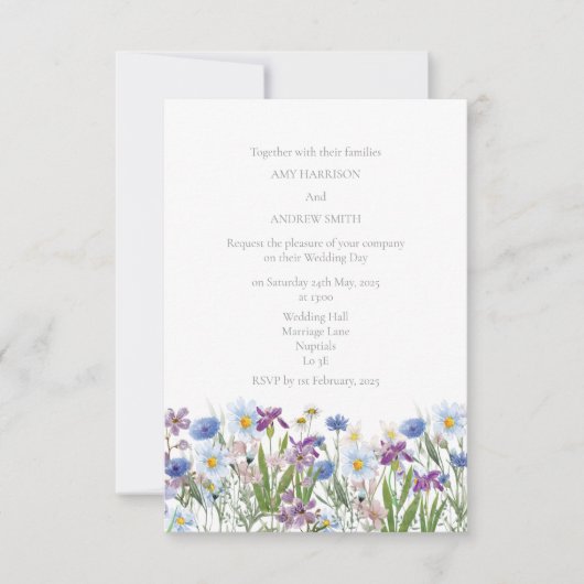 Wildblume Hochzeit in Blau und Rosa Einladung (Vorderseite)