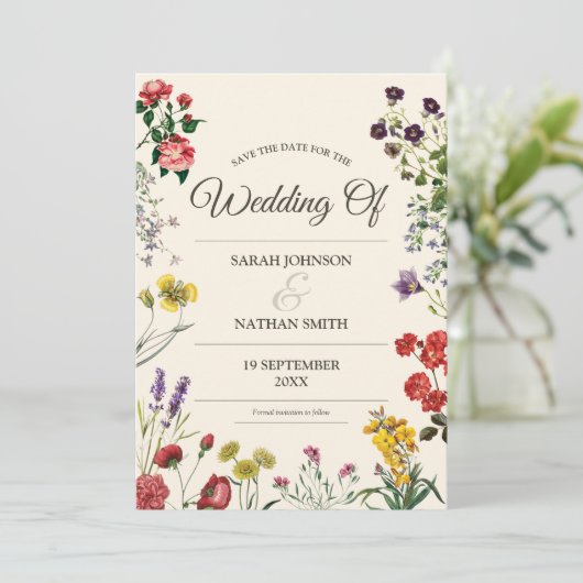 Wildblume Hochzeit Speichern Sie das Datum mit ben Einladung (Stehend Vorderseite)