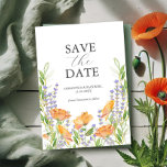 Wildblume Hochzeit Thema Rettete die Einladung<br><div class="desc">Verkünden Sie Ihre Verlobung mit dieser blumenreichen Save the Date Einladung. Die Blume sind in Orangetönen gehalten, der Lavendel und die Vegetation. Verwenden Sie die Vorlagenfelder, um Ihren Namen und Ihr Hochzeitsdatum anzupassen. Ein elegantes und gleichzeitig botanisches Design für ein Hochzeitsthema der Wildblume. Um die passende Hochzeitssaison zu sehen, besuchen...</div>