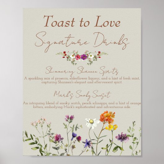 Wildblume Hochzeit Unterschrift Drinks Bar-Zeichen Poster (Vorne)