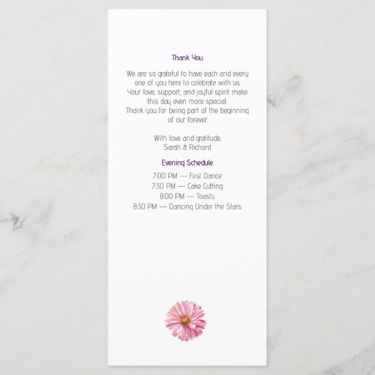 Wildblume Hochzeitsessen Menükarte (Rückseite)