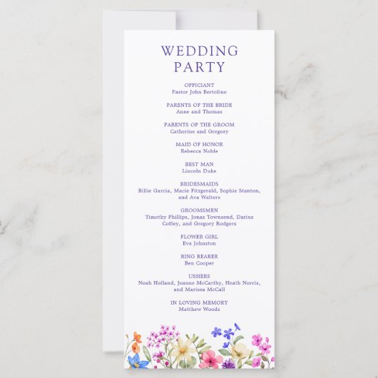 Wildblume Hochzeitsprogramm für helle Vivid Colors (Rückseite)