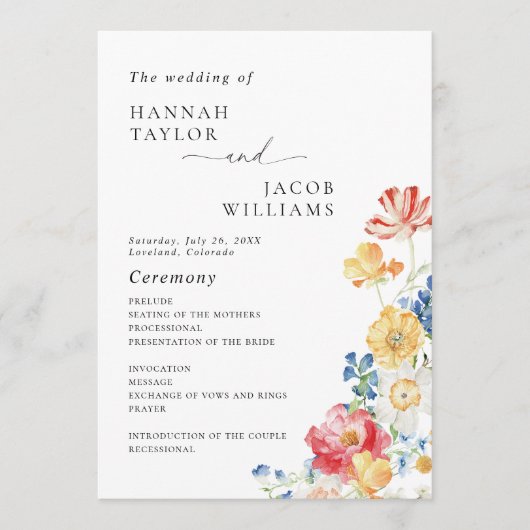 Wildblume-Hochzeitsprogramm Programm (Vorderseite)