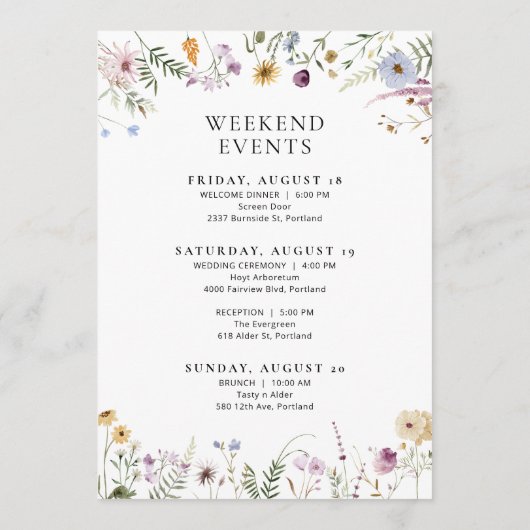 Wildblume Hochzeitwochenende - Flugkarte Menükarte (Rückseite)