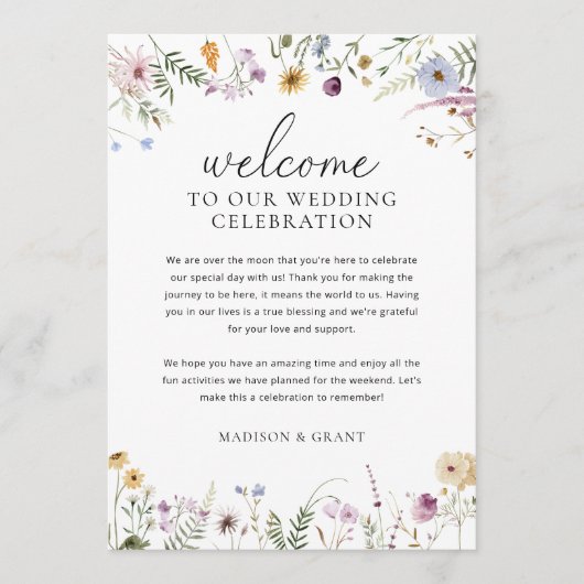 Wildblume Hochzeitwochenende - Flugkarte Menükarte (Vorderseite)