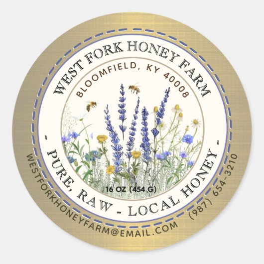 Wildblume Honey Label Bees and Dashed Border Gold Runder Aufkleber (Vorderseite)