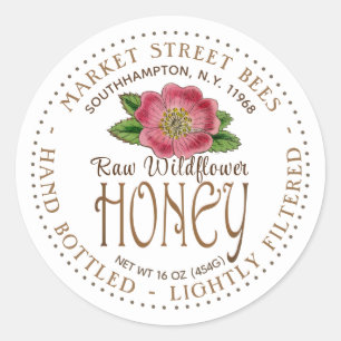 Wildblume Honey Label Wild Pink Rose Blume Runder Aufkleber