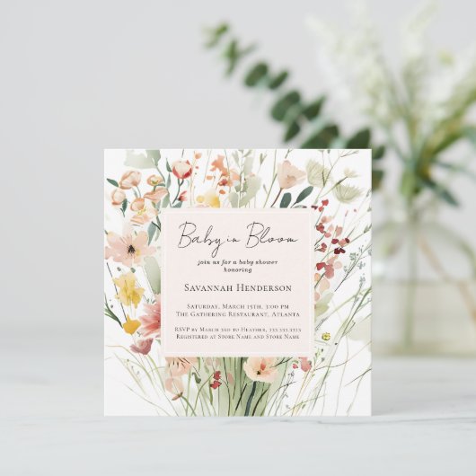 Wildblume im Aquarell Baby in Bloom Baby Dusche Einladung (Stehend Vorderseite)