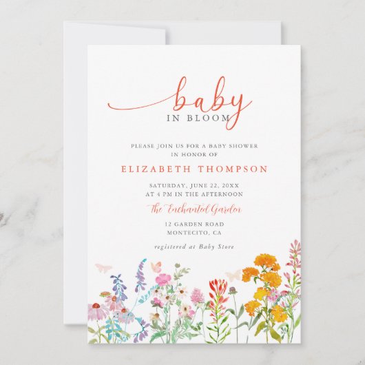 Wildblume in Bloom Aquamarin Orange Girl Babydusch Einladung (Vorderseite)