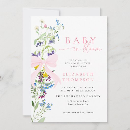 Wildblume in Bloom Garden Bow Girl Babydusche Einladung (Vorderseite)