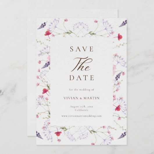 Wildblume-Kalligrafie-Hochzeit speichern das Datum Einladung (Vorne/Hinten)