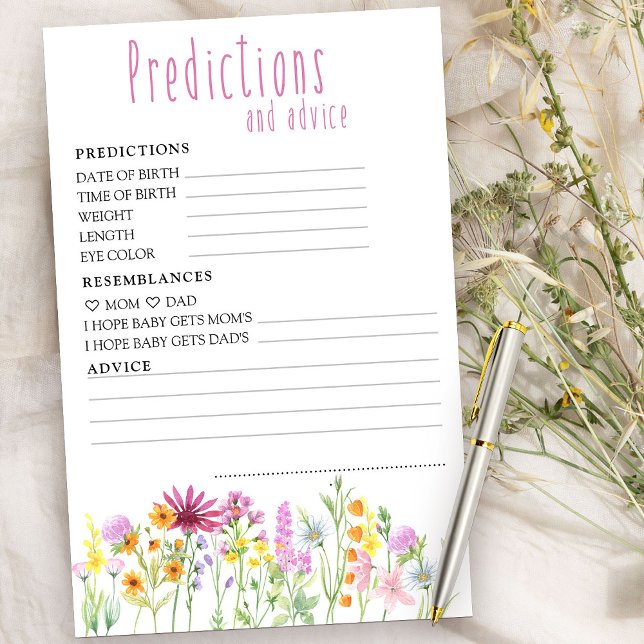 Wildblume Kinderdusche Vorhersagen und Ratschläge (Baby Shower Predictions and Advice Card from my Wildflower Meadow collection)