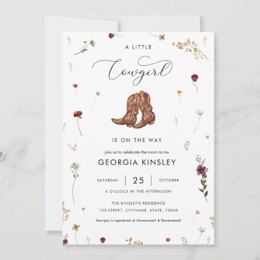Wildblume Kleine Cowgirl Western Girl Babydusche Einladung (Vorderseite)