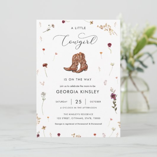 Wildblume Kleine Cowgirl Western Girl Babydusche Einladung (Stehend Vorderseite)