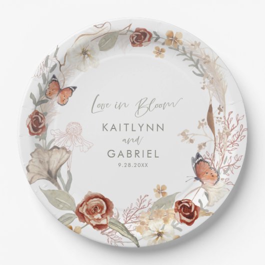 Wildblume Kranz-Liebe in Blütenfarbenhochzeit Pappteller (Vorderseite)
