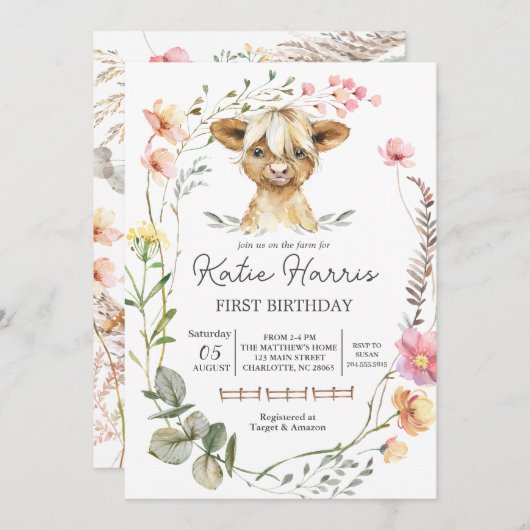 Wildblume Kuh zum Geburtstag Einladung (Vorne/Hinten)