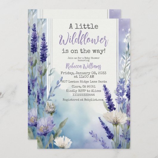 Wildblume Lavender Blue Floral Baby Dusche Einladung (Vorne/Hinten)