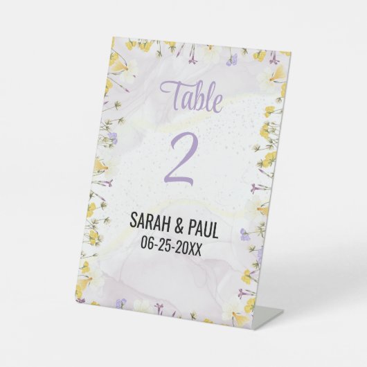 Wildblume Lavender & Yelow Wedding Tischnummer Sockelschild (Vorderseite)