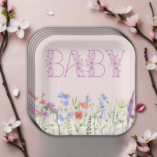 Wildblume Lila Floral Baby Monogram Babydusche Pappteller