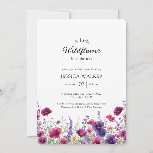 Wildblume, Lila-rosa-Blume-Babydusche Einladung (Vorderseite)