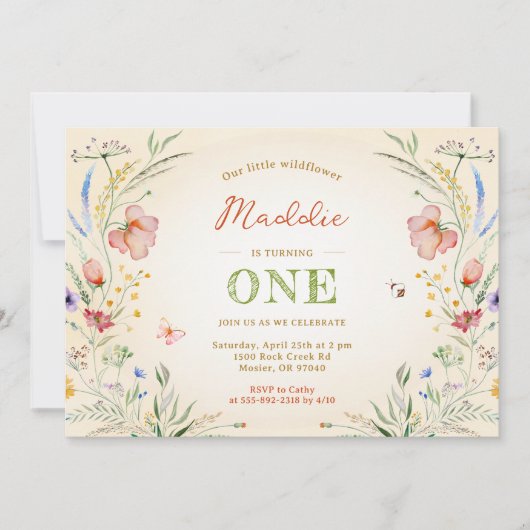 Wildblume macht den ersten Geburtstag eines Mädche Einladung (Vorderseite)