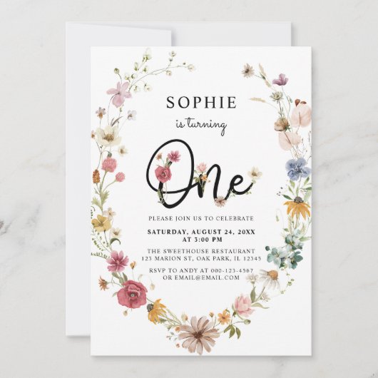 Wildblume macht ein 1. Geburtstagskind Einladung (Vorderseite)