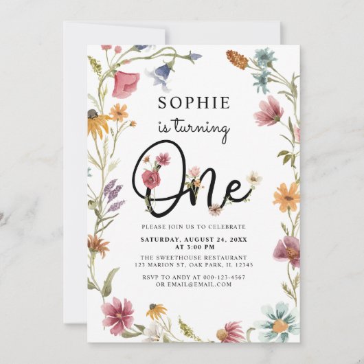 Wildblume macht ein Mädchen zum ersten Geburtstag Einladung (Vorderseite)