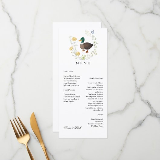 Wildblume Mallard Duck Wedding Menükarte (Vorderseite/Rückseite Beispiel)