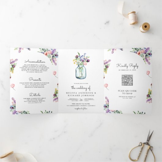 Wildblume Mason Jar All in One QR Code Hochzeit Dreifach Gefaltete Einladung (Innenseite)