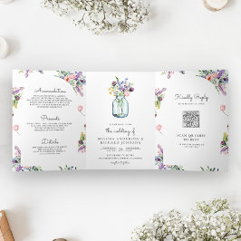 Wildblume Mason Jar All in One QR Code Hochzeit Dreifach Gefaltete Einladung