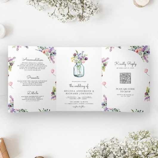 Wildblume Mason Jar All in One QR Code Hochzeit Dreifach Gefaltete Einladung