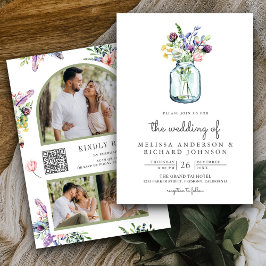 Wildblume Mason Jar Foto Collage QR Code Hochzeit Einladung